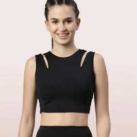Enamor Shelf Bra Crop Vest | Crew Neck Vest With In-Built Shelf Bra Support | Hugged Fit E123