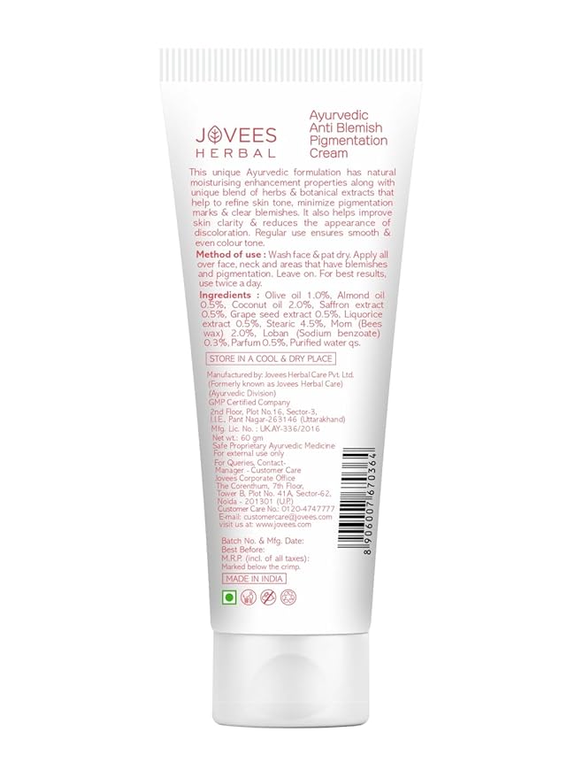 Jovees Herbal Anti-Blemish Pigmentation Cream Essence Of Saffron | For All Skin Types - 60g