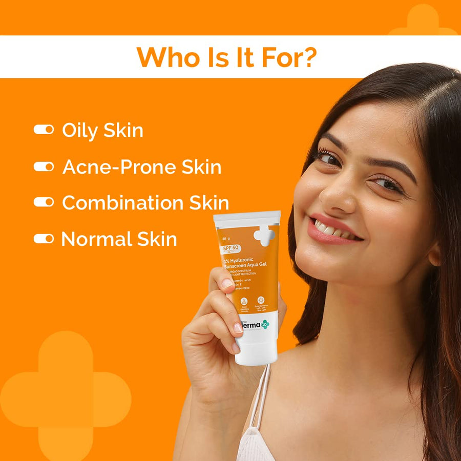 The Derma Co 1% Hyaluronic Sunscreen Aqua Gel SPF 50 PA++++ I For Oily, Dry, Acne-prone Skin | Ultra Lightweight Texture I Non-Greasy I No White Cast | Broad Spectrum Protection & Blue Light Protection | For Men & Women | 80 g