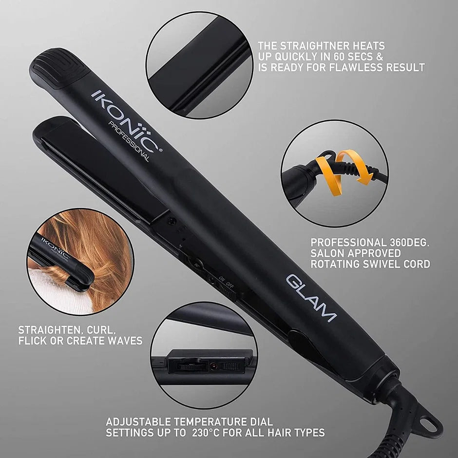 Ikonic Professional Glam Tourmaline Ceramic Plates With Ionic Technology Hair Straightener