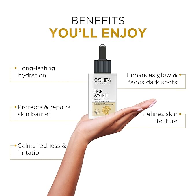 Oshea Herbals Rice Water Brightening Face Serum for Men & Women | Hydrates Skin with Even Tone & Minimizes Pores | Enriched with Niacinamide & Vitamin E for Glowing Skin - 30ml