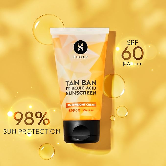 SUGAR Cosmetics Tan Ban 1% Kojic Acid Sunscreen SPF60 ++++ | 1% Peptide Complex | Barrier Repair | No White Cast | 50ml