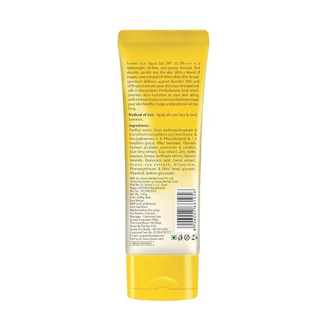 Jovees Herbal Sun Aqua Gel Sunscreen SPF 50 PA+++ | Lightweight| 1% Hyaluronic Acid | Non-Greasy, No White Cast | Perfect for Oily & Combination Skin | Sunscreen For Men/Women 100g