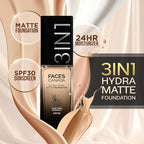 FACESCANADA All Day Hydra Matte Foundation Cream| 3-in-1 Foundation + Moisturizer + SPF 30|24 HR Aloe Hydration & Vitamin C|10HR Long Wear|Medium to High Buildable Coverage|30ml