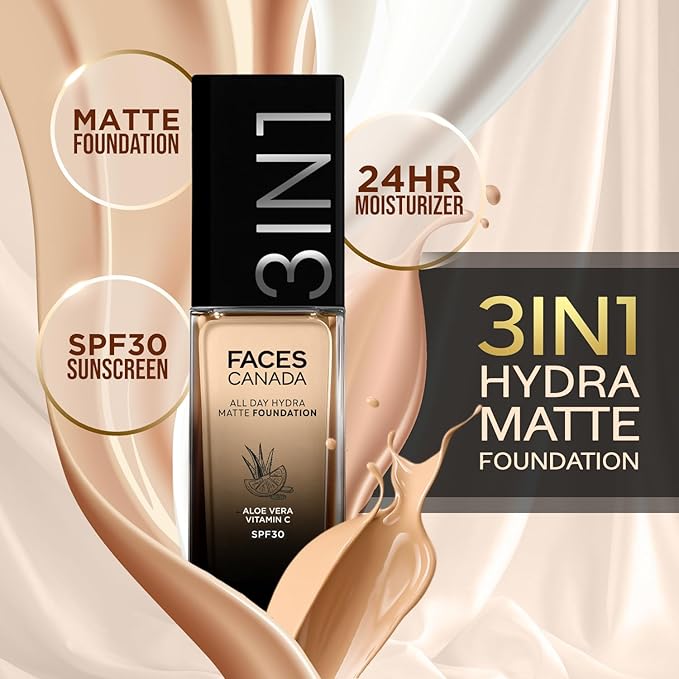 FACESCANADA All Day Hydra Matte Foundation Cream| 3-in-1 Foundation + Moisturizer + SPF 30|24 HR Aloe Hydration & Vitamin C|10HR Long Wear|Medium to High Buildable Coverage|30ml