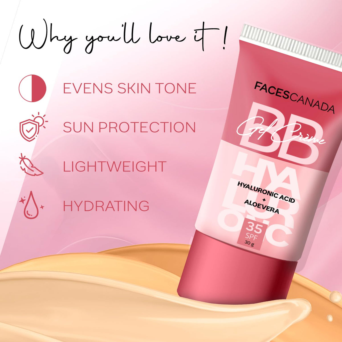 FACESCANADA SPF 35 BB Gel Crème 30g | Multitasking | Even Skin Tone | Instant Glow | Smooth Flawless Matte Finish | Hydrating | Lightweight & Nonsticky Light Vanilla,01