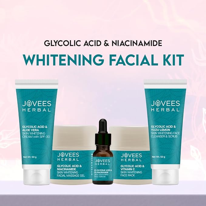 Jovees Herbal Glycolic Acid & Niacinamide Whitening Facial Kit For Brighter & Hydrated Skin | Kit for Improves Uneven Skin Tone, Dark Spots & Dullness 215g (Multiple Use)