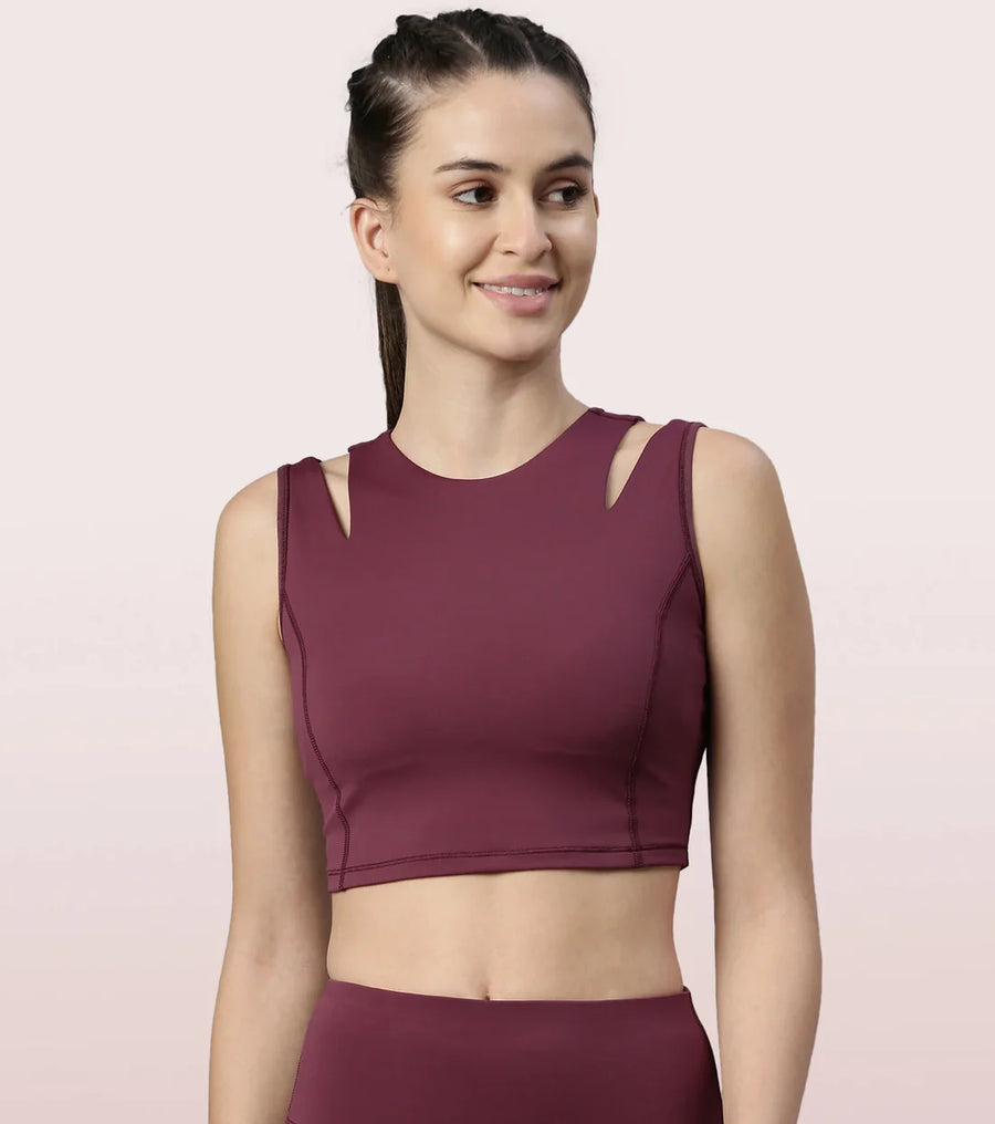 Enamor Shelf Bra Crop Vest | Crew Neck Vest With In-Built Shelf Bra Support | Hugged Fit E123