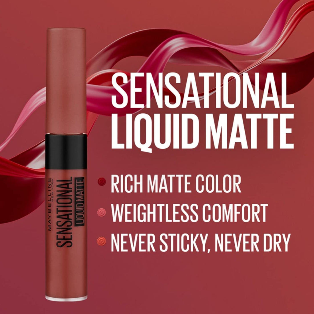 Maybelline New York Lipstick Matte Finish Non-Sticky and Non-Drying Sensational Liquid Matte 13 Upbeat Crimson 7ml