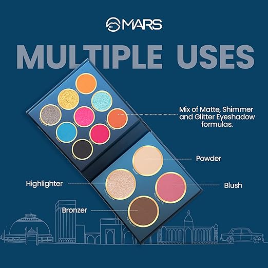 MARS The City Paradise Makeup Kit | Highly Pigmented and Blendable | 9 Eyeshadow Palette with 1 Highlighter, Blusher, Bronzer & Compact Powder each (16.0 gm) (08-Ahmedabad)