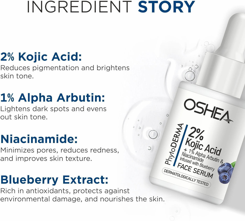 Oshea Herbals PhytoDerma 2% Kojic Acid + 1% Alpha Arburtin + Niacinmide Infused With Blueberry Face Serum 30ml