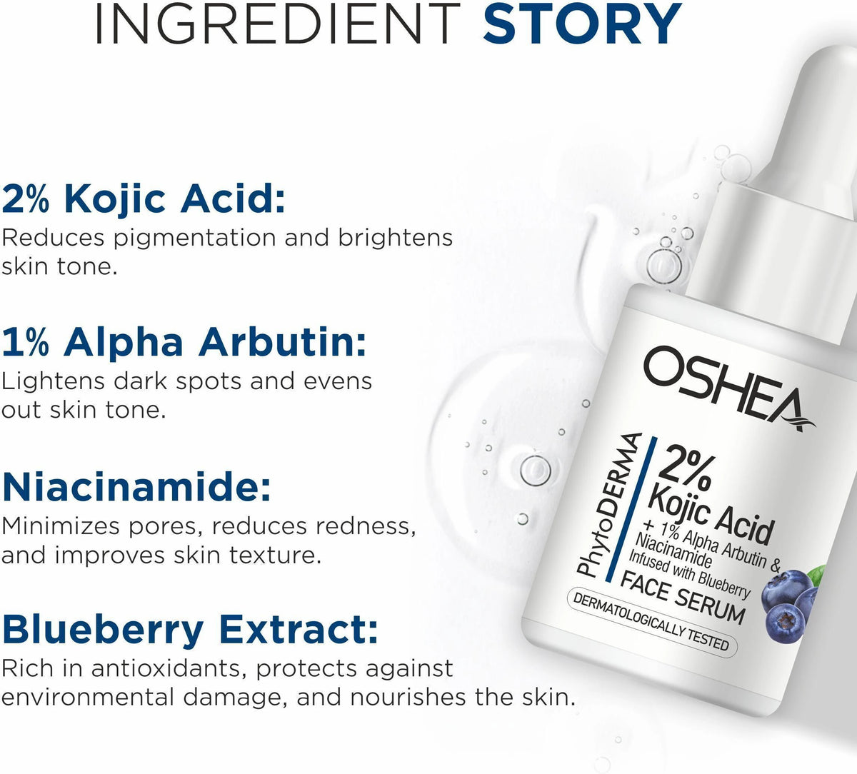 Oshea Herbals PhytoDerma 2% Kojic Acid + 1% Alpha Arburtin + Niacinmide Infused With Blueberry Face Serum 30ml