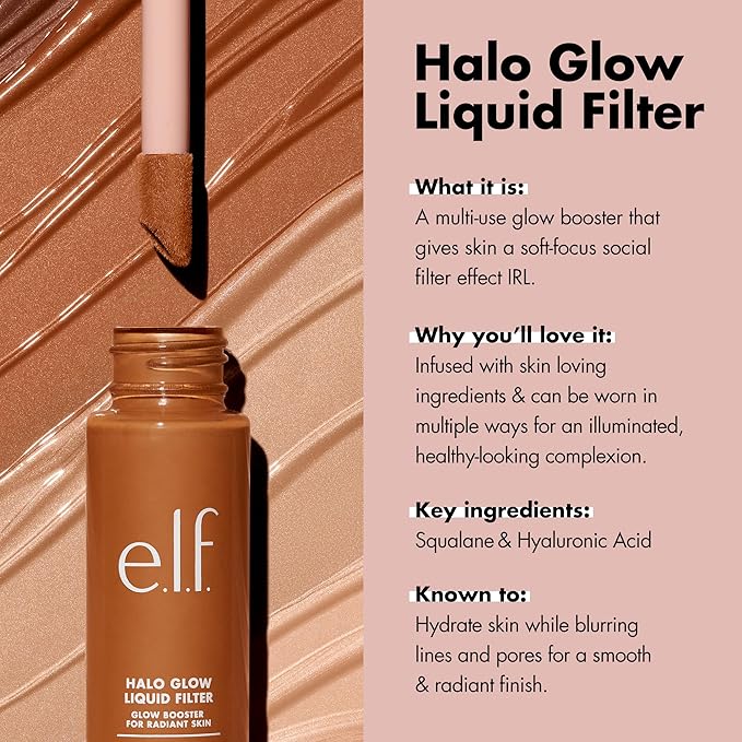 e.l.f. Halo Glow Liquid Filter, Complexion Booster For A Glowing, Soft-Focus Look, Infused With Hyaluronic Acid 31.5ml