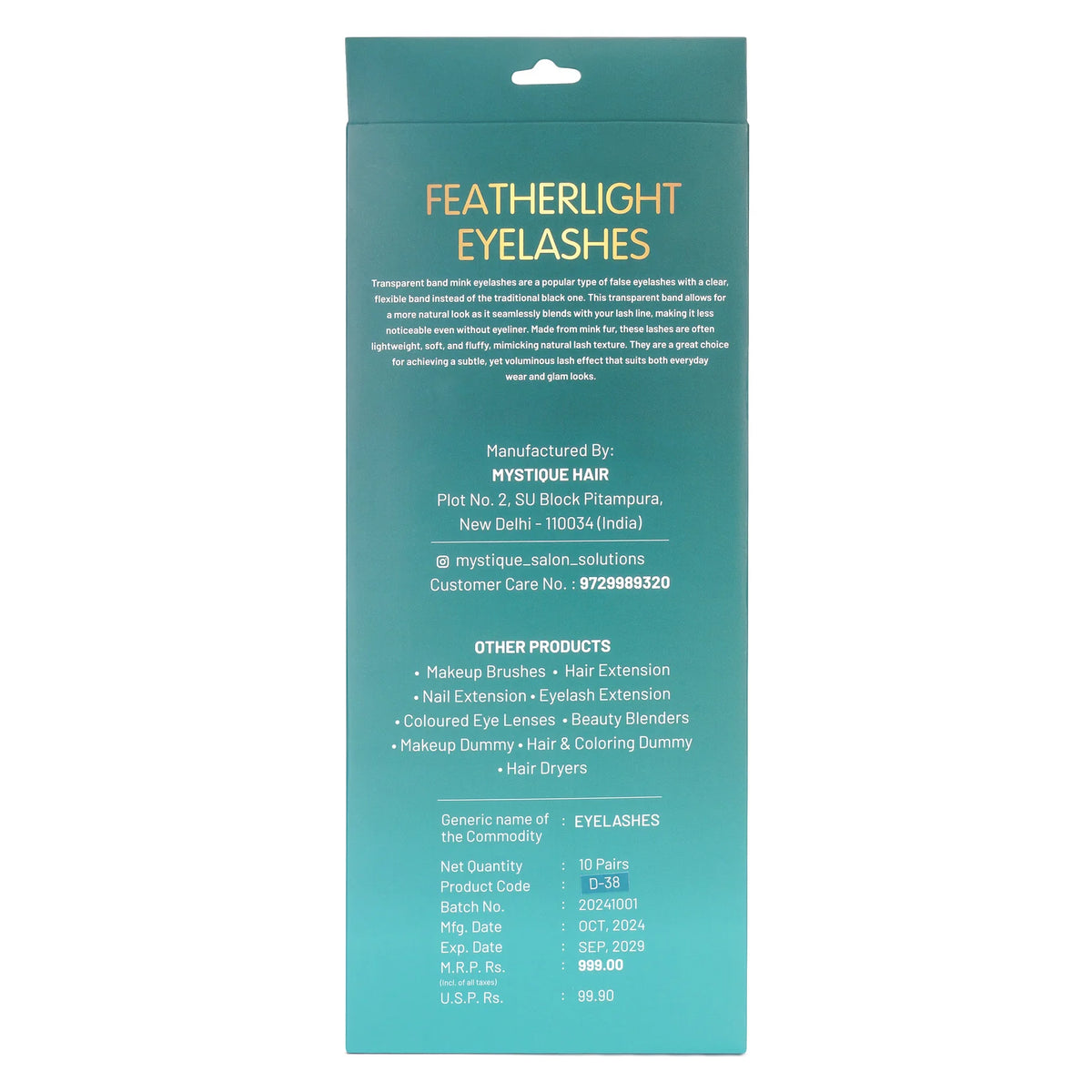 MYSTIQUE HAIR FEATHERLIGHT EYE LASHES TRANSPARENT BAND MINK EYELASHES 10 PAIRS