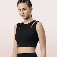 Enamor Shelf Bra Crop Vest | Crew Neck Vest With In-Built Shelf Bra Support | Hugged Fit E123