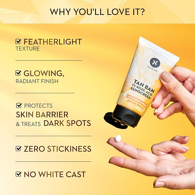 SUGAR Cosmetics Tan Ban 1% Kojic Acid Sunscreen SPF60 ++++ | 1% Peptide Complex | Barrier Repair | No White Cast | 50ml