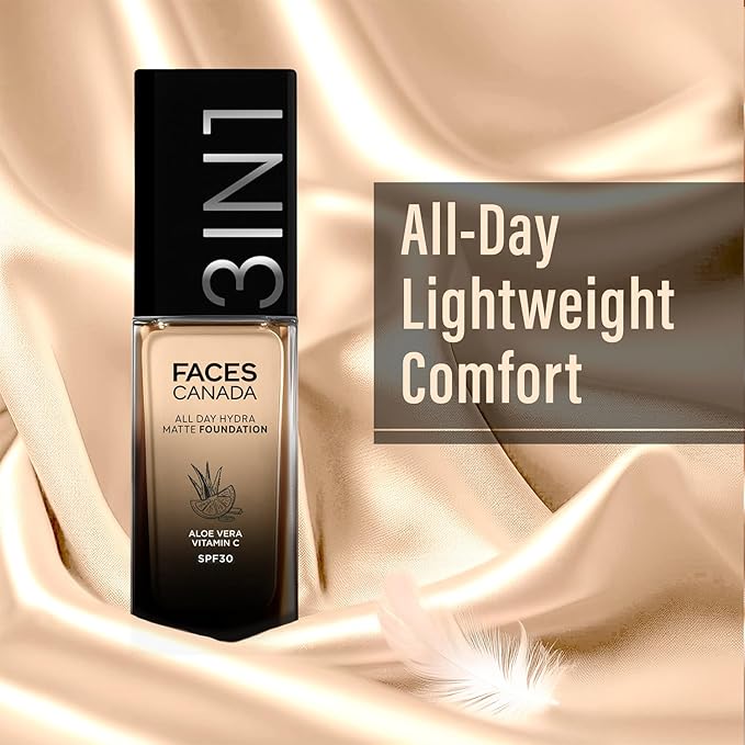 FACESCANADA All Day Hydra Matte Foundation Cream| 3-in-1 Foundation + Moisturizer + SPF 30|24 HR Aloe Hydration & Vitamin C|10HR Long Wear|Medium to High Buildable Coverage|30ml