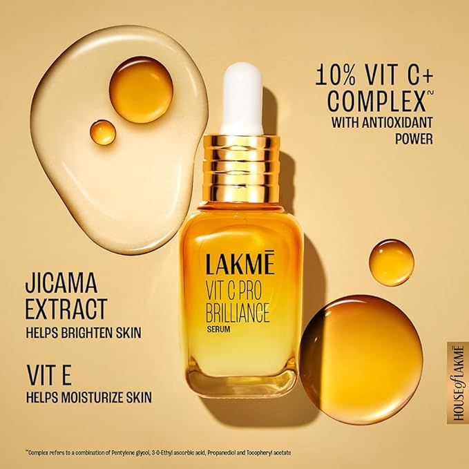LAKMÉ Vit C Brillance Serum, 10% Vit C Complex, Glass Skin In 21 Days, Tighter Brighter Skin, 30Ml