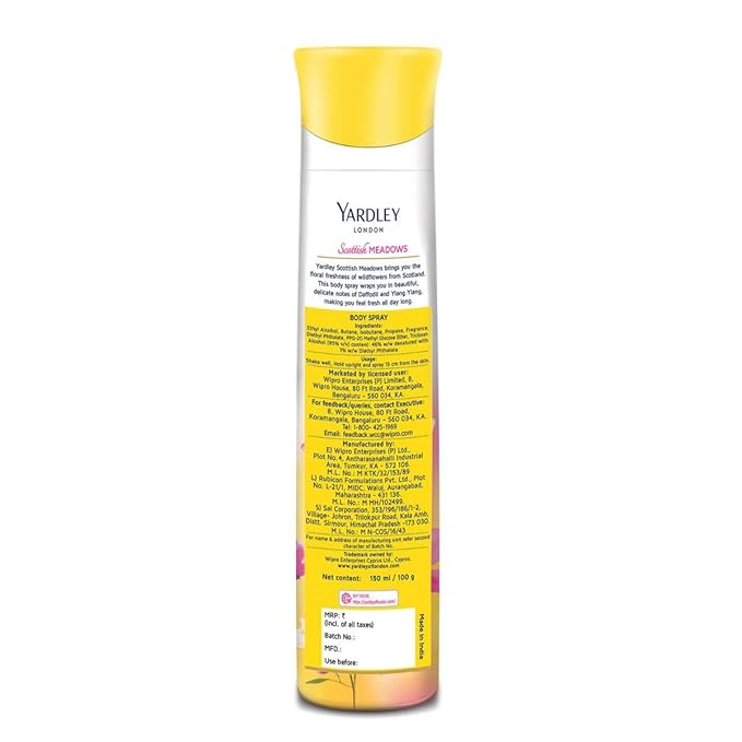 Yardley London Scottish Meadows Refreshing Body Spray| Daffodil & Ylang Ylang Fragrance| Deodorant Body Spray For Daily Use| Deodorant For Women| 90% Naturally Derived| 150ml