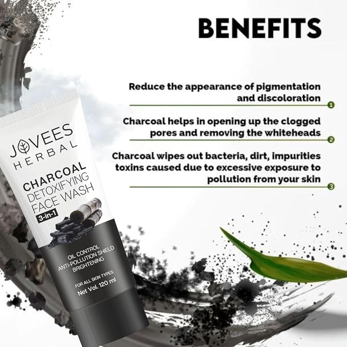 Jovees Herbal Activated Charcoal Detoxifying Face Wash For Anti Pollution, Deep Pore Cleansing, Oil Control, Removes Dirt & Impurities | Suitable for Acne Prone Skin 120 ML
