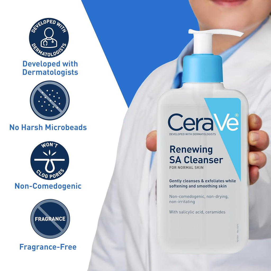 CeraVe SA Smoothing Cleanser For Dry, Rough & Bumpy Skin, contains Salicylic Acid, Ceramides & Hyaluronic acid|Dermatologist Recommended Face wash 236ml (Made In France)