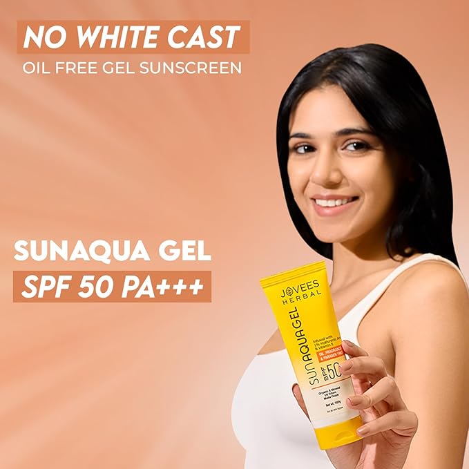 Jovees Herbal Sun Aqua Gel Sunscreen SPF 50 PA+++ | Lightweight| 1% Hyaluronic Acid | Non-Greasy, No White Cast | Perfect for Oily & Combination Skin | Sunscreen For Men/Women 100g