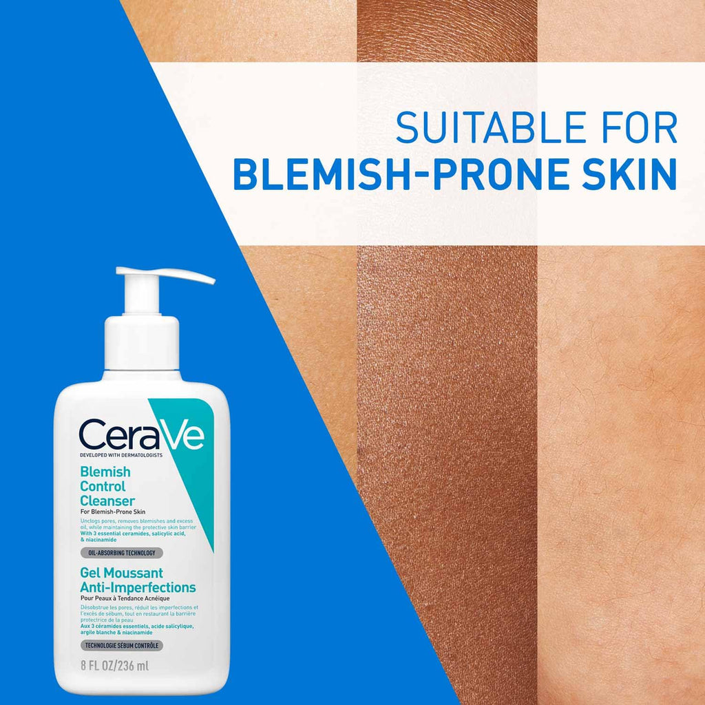 CeraVe Blemish Control Cleanser with 2% Salicylic Acid & Niacinamide for Acne Prone Skin, Controls Acne & Spots, Unclog Pores & Reduces Blemishes, 236ml (Made In France)