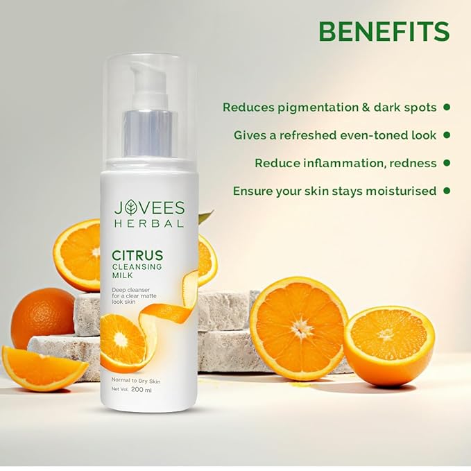 Jovees Herbal Citrus Cleansing Milk For soft, Clean & Healthy skin with Lemon Peel, Almond & Coconut Oil | Gentler Cleanser For Make-up and Dirt Keeps your skin toned | For Normal to Dry Skin 200ml