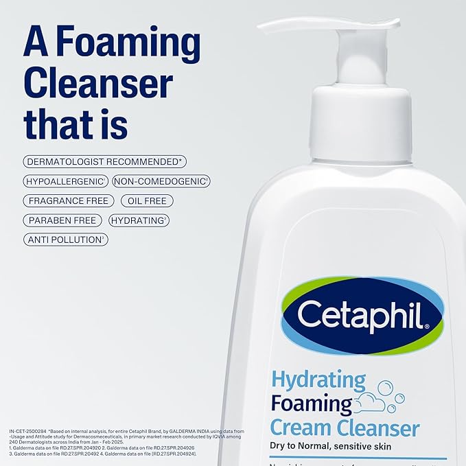 Cetaphil Hydrating Foaming Cream Cleanser 236 ml for Dry to Normal Sensitive Skin with Niacinamide, Aloevera and Glycerin