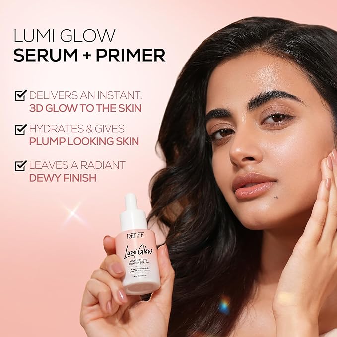 RENEE Lumi Glow Highlighting Primer + Serum | Hydrates, Promotes Even Skin Texture | Gives Luminous, 3D Glow | With Hyaluronic Acid, Peptides & Vitamin E | Base For Face Makeup | 30ml