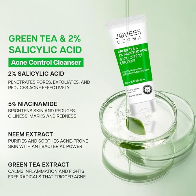 Jovees Herbal Derma Green Tea Pore Cleansing Face Wash For Acne Prone Skin,Salicylic Acid With Green Tea,Fight Pimples & Control Excess Oil,Gentle & Non-Drying Formula,Oily & Acne Prone Skin 100Ml