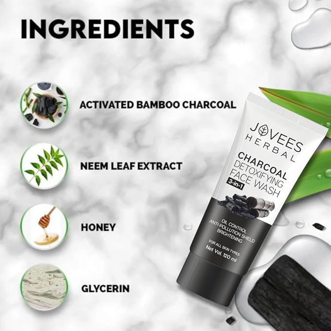 Jovees Herbal Activated Charcoal Detoxifying Face Wash For Anti Pollution, Deep Pore Cleansing, Oil Control, Removes Dirt & Impurities | Suitable for Acne Prone Skin 120 ML