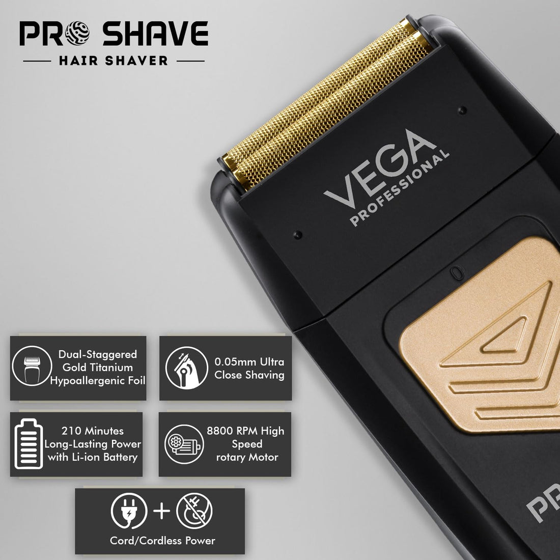 VEGA PROFESSIONAL Pro Shave Hair Shaver for Salon Professionals, Barbers and Salon-Like Shave at Home With Gold Titanium Foil & 210 Mins Runtime, (VPPFS-01)