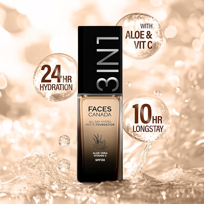 FACESCANADA All Day Hydra Matte Foundation Cream| 3-in-1 Foundation + Moisturizer + SPF 30|24 HR Aloe Hydration & Vitamin C|10HR Long Wear|Medium to High Buildable Coverage|30ml