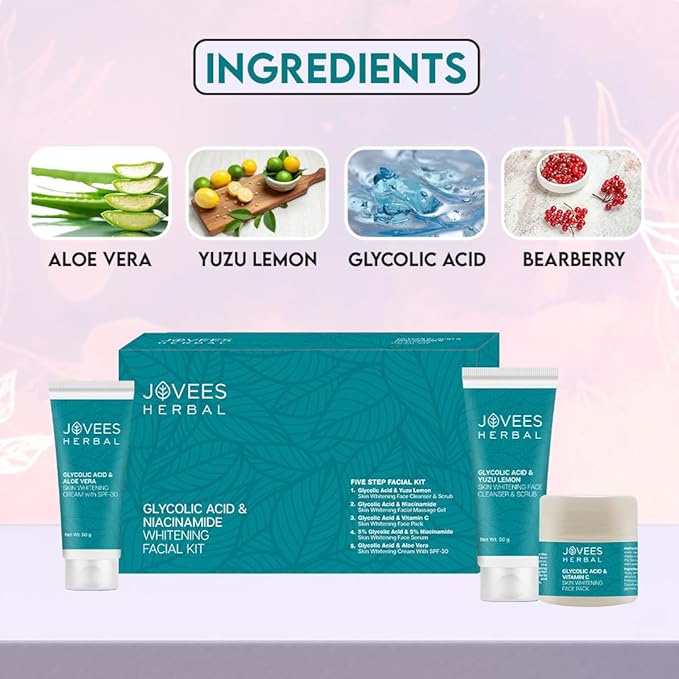 Jovees Herbal Glycolic Acid & Niacinamide Whitening Facial Kit For Brighter & Hydrated Skin | Kit for Improves Uneven Skin Tone, Dark Spots & Dullness 215g (Multiple Use)