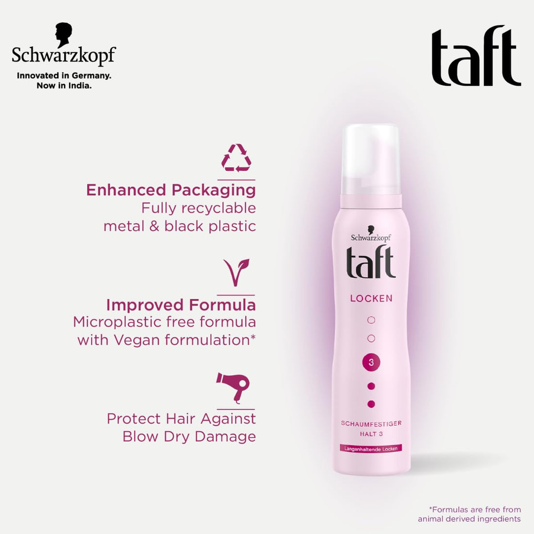 Schwarzkopf Taft Locken Hair Mousse, For long lasting curls, Weather-proof formula, Hold 3 with no stickiness