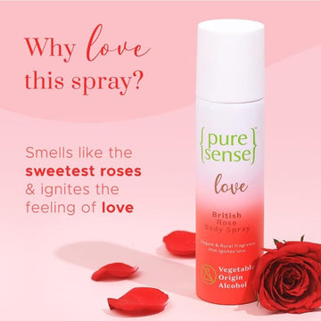 PureSense Love British Rose Deodorant Body Spray for Women | Long Lasting Fragrance | Aluminium Free | No Gas | Fresh & Floral Fragrance | 150ml