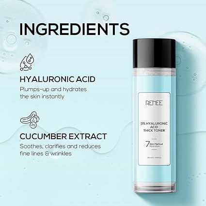 RENEE 3% Hyaluronic Acid Thick Face Toner for Intense Hydration & Glassy Luminous Radiant Skin, Reduces Fine Lines, Contains Vitamin B5 & Cucumber Extract, Soothes & Moisturizes, Dewy Finish 135 Ml