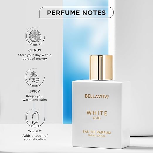 BELLAVITA White Oud Unisex Eau De Parfum Perfume with Orange, Patchouli, Musk|Premium, Long Lasting Oud & Fruity Fragrance for Men & Women,100ML