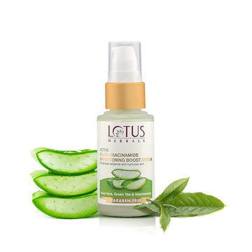 Lotus Herbals Active Aloe + Niacinamide Brightening Boost Serum|Enhances Radiance & Hydrates Skin|Praben Free| All Skin Types|30ml