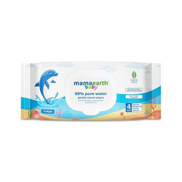 Mamaearth Baby 99% Pure Water Gentle Towel Wipes-72pcs|Made Safe Approved|4-In-1 Benefits-Cleanses,Moisturizes, Soothes & Hydrates Skin|Extra Thick