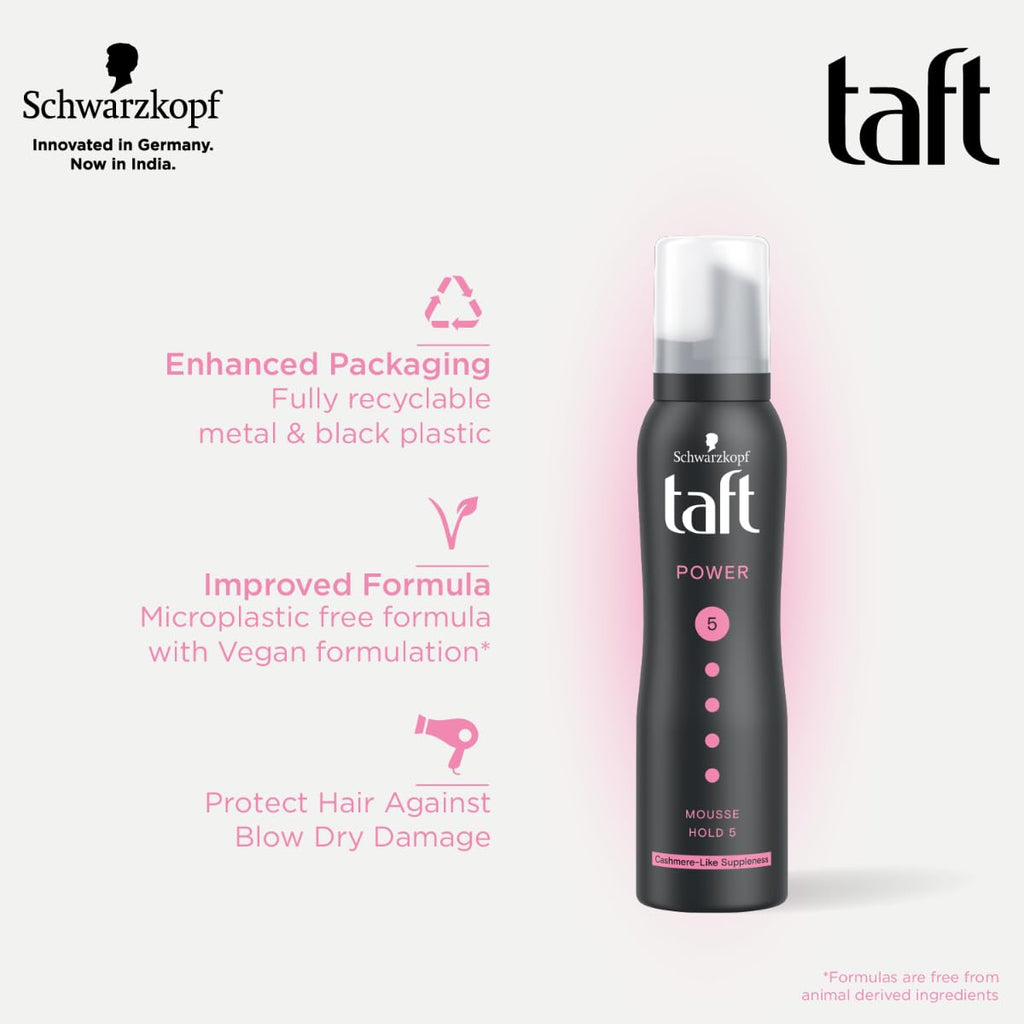 Schwarzkopf Taft Power Hair Mousse, Cashmere-like softness, Mega Strong Hold 5 with no stickiness
