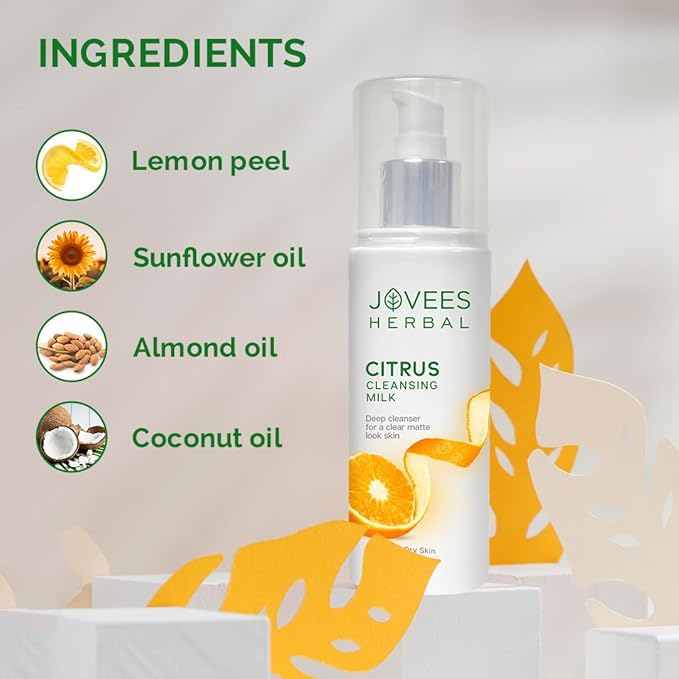 Jovees Herbal Citrus Cleansing Milk For soft, Clean & Healthy skin with Lemon Peel, Almond & Coconut Oil | Gentler Cleanser For Make-up and Dirt Keeps your skin toned | For Normal to Dry Skin 200ml