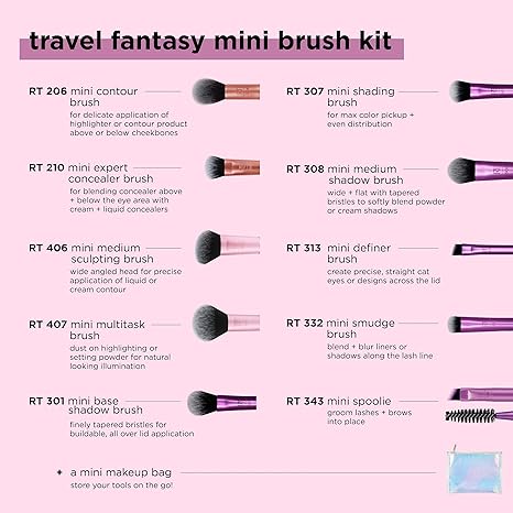 Real Techniques Travel Fantasy Mini Brush Kit Mini Sized Travel Brushes & Makeup Bag 10 in 1