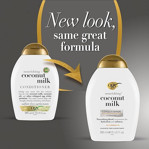 OGX Nourishing + Coconut Milk Moisturizing Conditioner for Strong & Healthy Hair, with Coconut Milk, Coconut Oil & Egg White Protein, Paraben-Free, Sulfate-Free Surfactants, 385ml