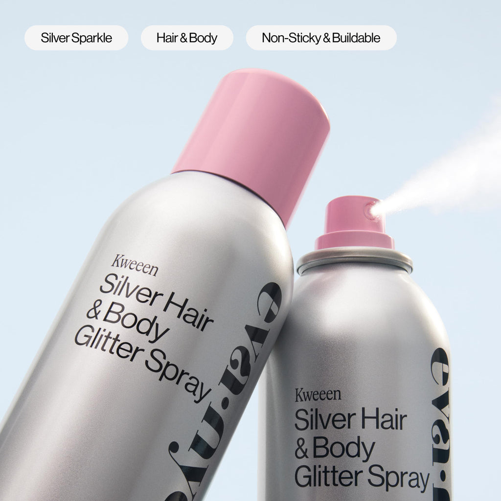 Eva NYC Kweeen Silver Hair and Body Glitter Spray - Our Original Ultra Shimmery Glitter New Look - Adds Shine + Non-Sticky - Quick Drying Sparkle Spray - Warm Vanilla Scent - 4.9 oz