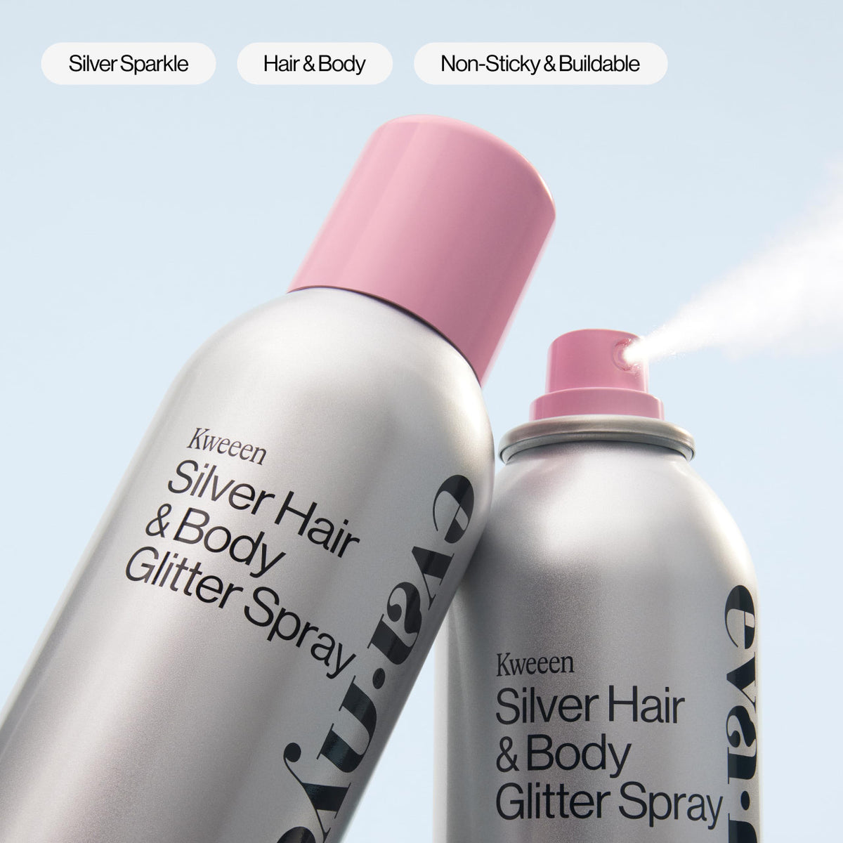 Eva NYC Kweeen Silver Hair and Body Glitter Spray - Our Original Ultra Shimmery Glitter New Look - Adds Shine + Non-Sticky - Quick Drying Sparkle Spray - Warm Vanilla Scent - 4.9 oz