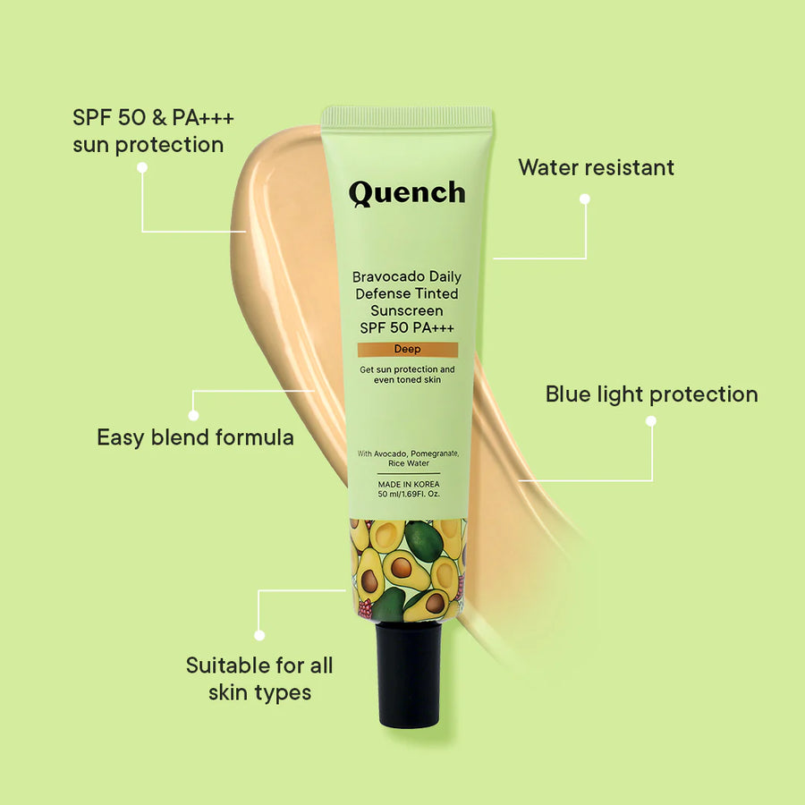 Quench Daily Defense Tinted Sunscreen SPF 50 PA+++ with Avocado Vitamins C & E - 50 ML - Deep