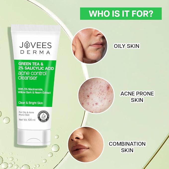 Jovees Herbal Derma Green Tea Pore Cleansing Face Wash For Acne Prone Skin,Salicylic Acid With Green Tea,Fight Pimples & Control Excess Oil,Gentle & Non-Drying Formula,Oily & Acne Prone Skin 100Ml