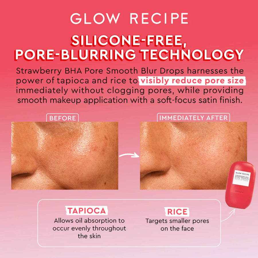 Glow Recipe Strawberry Bha Pore Smooth Blur Drops Serum Treatment + Primer Soin +Base 30ml